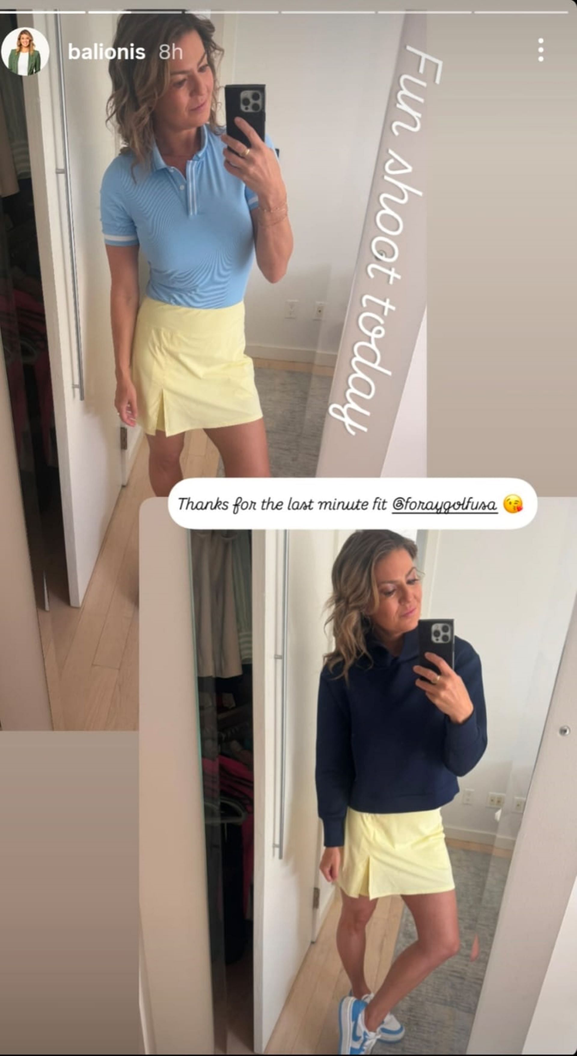 Amanda Balionis shares two mirror selfies in a yellow skirt with a blue polo shirt and a navy sweatshirt